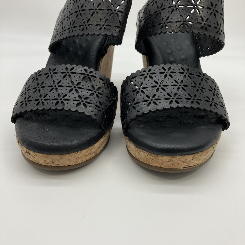 Walking Cradles Sandals 9 W Black Leather Cork Wedge Slingback Shoes Ankle Strap - Picture 10 of 14
